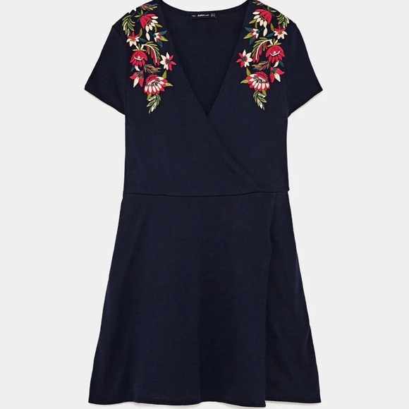 ZARA Womens Dress Size Small Navy Blue Knit Floral Embroidered Faux Wrap - Picture 3 of 12